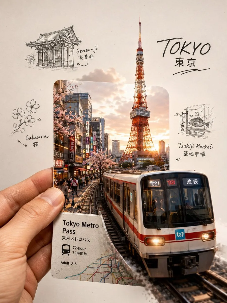 A highly aesthetic travel-journal collage of Tokyo, Japan...