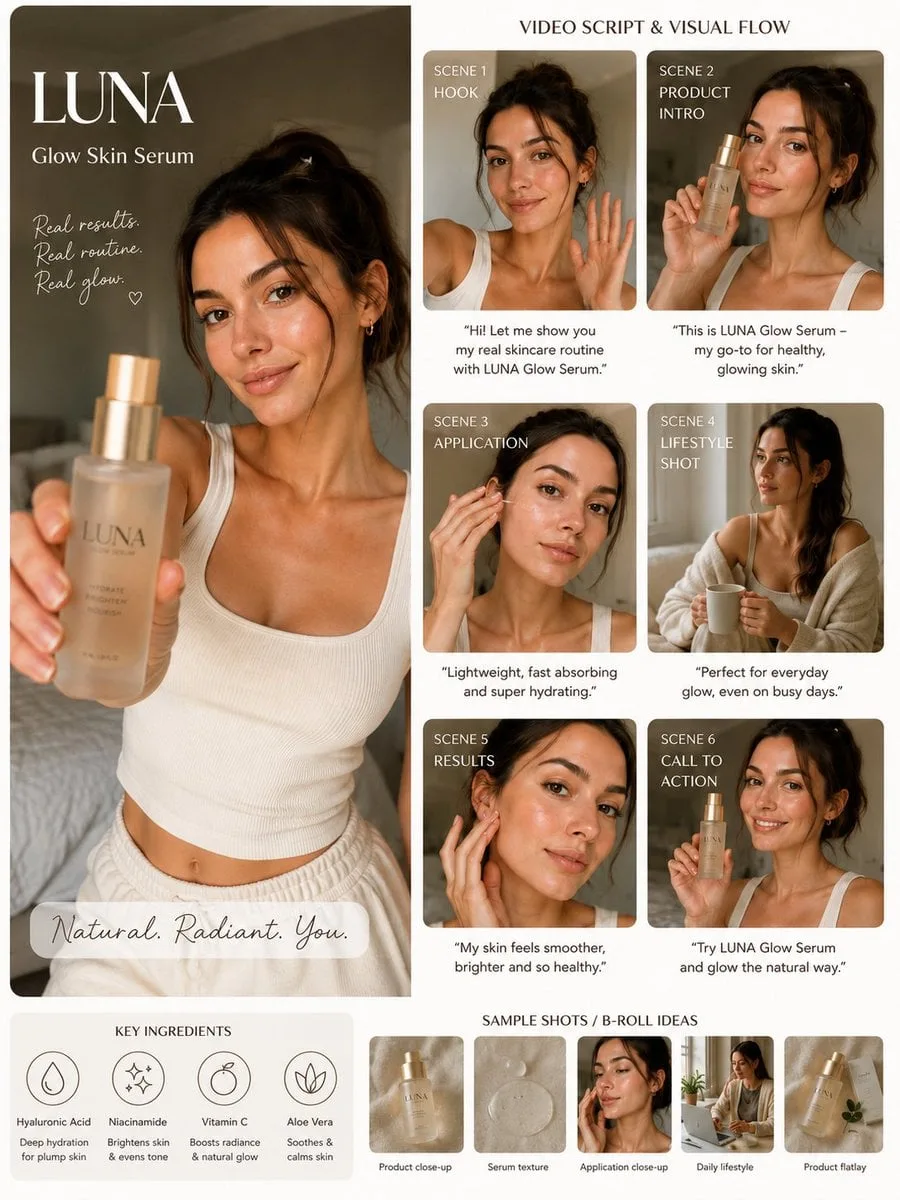 (Luxury AI UGC skincare campaign board), warm beige aesth...