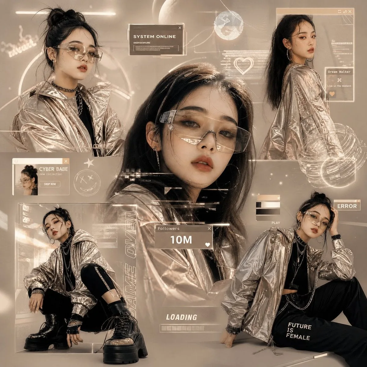 Create a futuristic Gen-Z fashion collage inspired by dig...