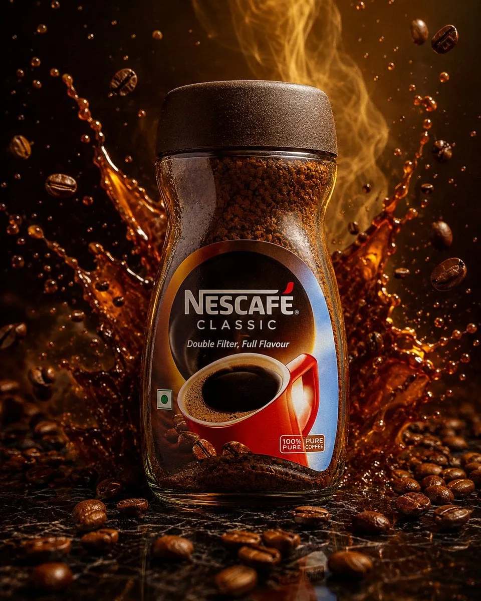 Ultra premium Nescafé coffee jar standing on a polished b...