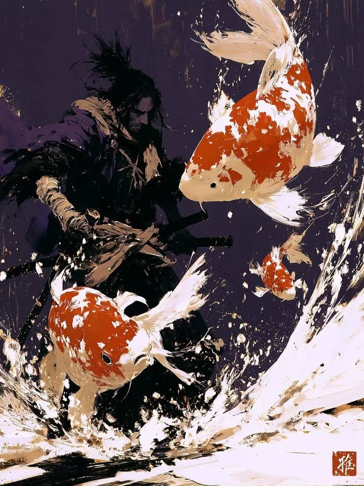 Dark ink wash painting, lone samurai warrior holding kata...
