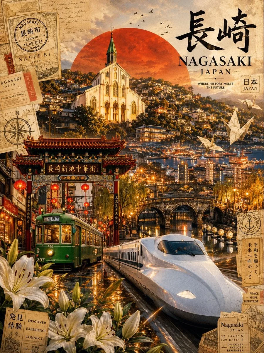 Ultra-viral cinematic travel poster of Nagasaki, Japan, d...
