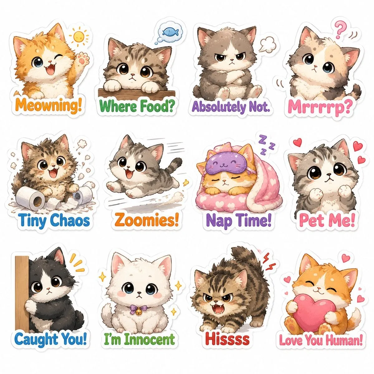Cute illustrated chibi cat sticker-pack, fluffy kitten de...