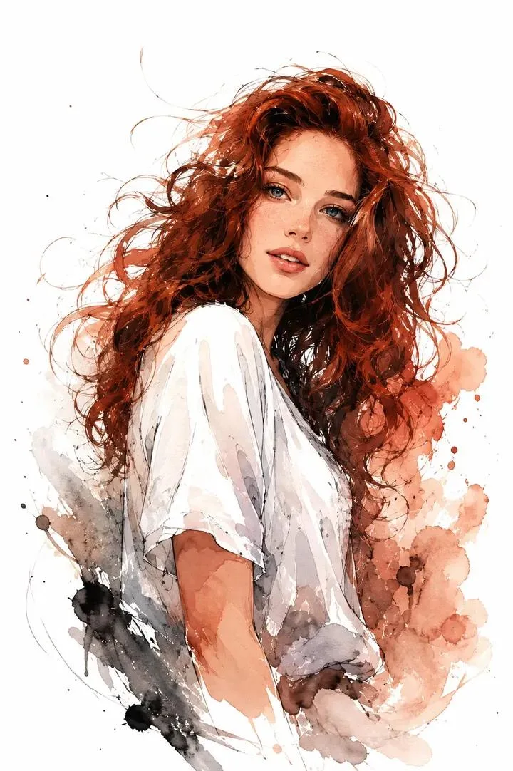 Portrait of a young woman with long messy curly red hair,...