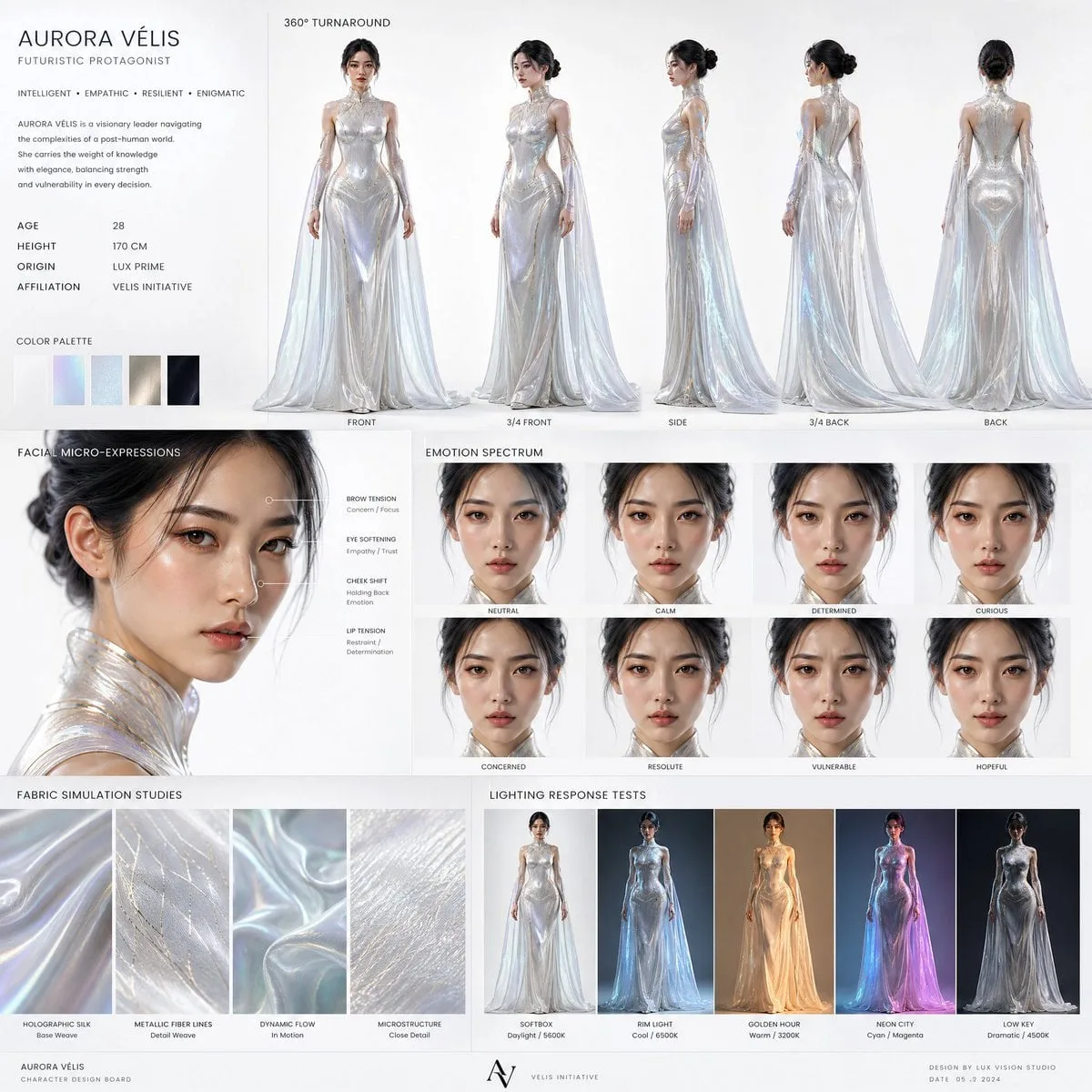 Create a high-end cinematic character design board of a f...