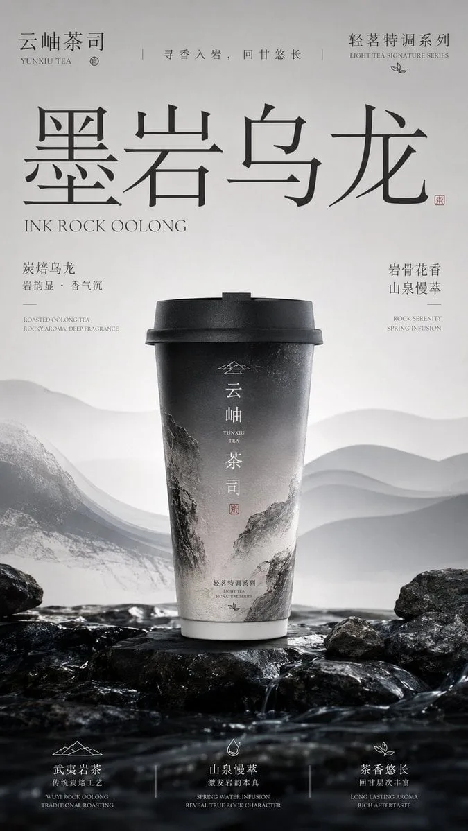 Please generate a vertical 9:16 high-end new Chinese tea brand packag…