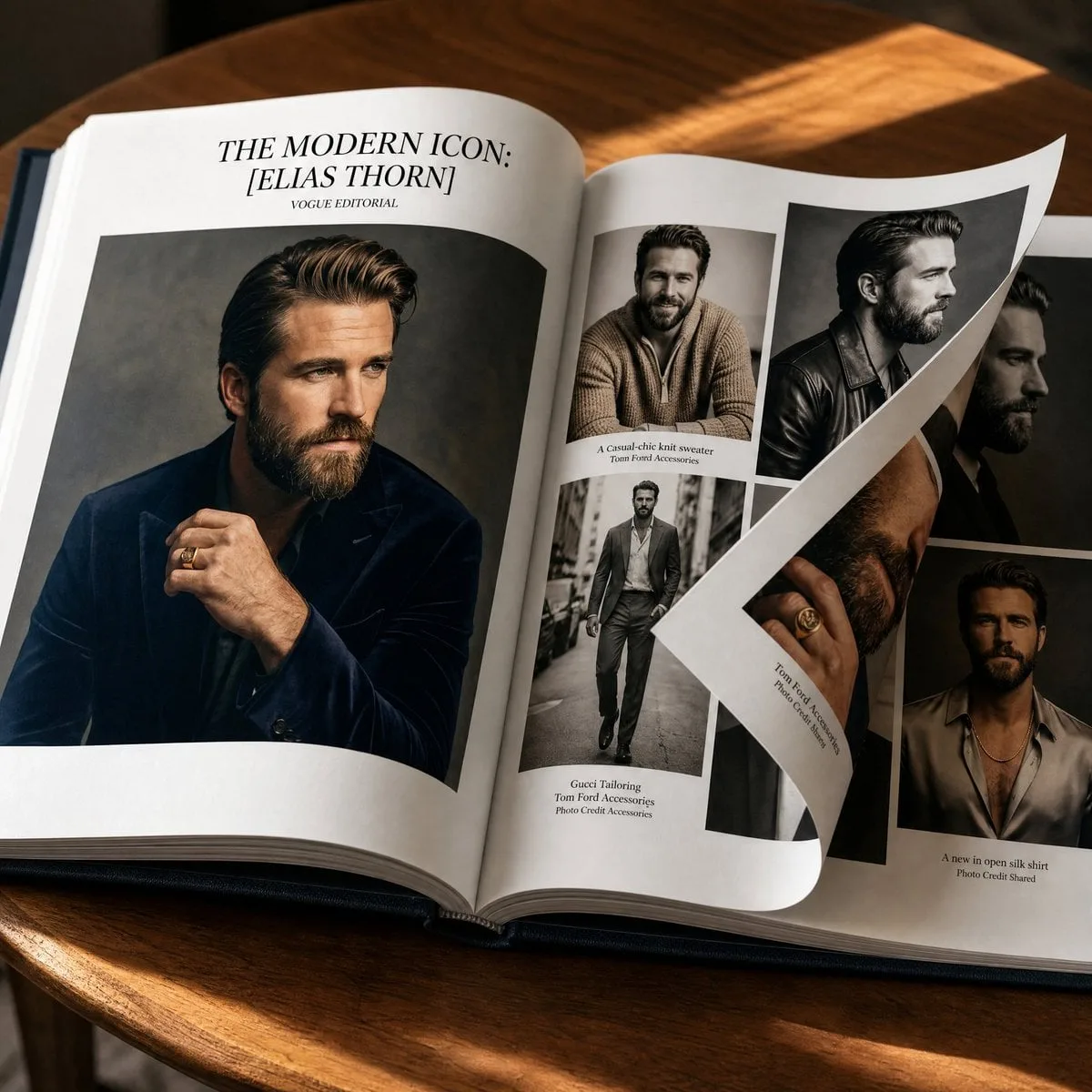 Photorealistic luxury coffee-table book opened across two...