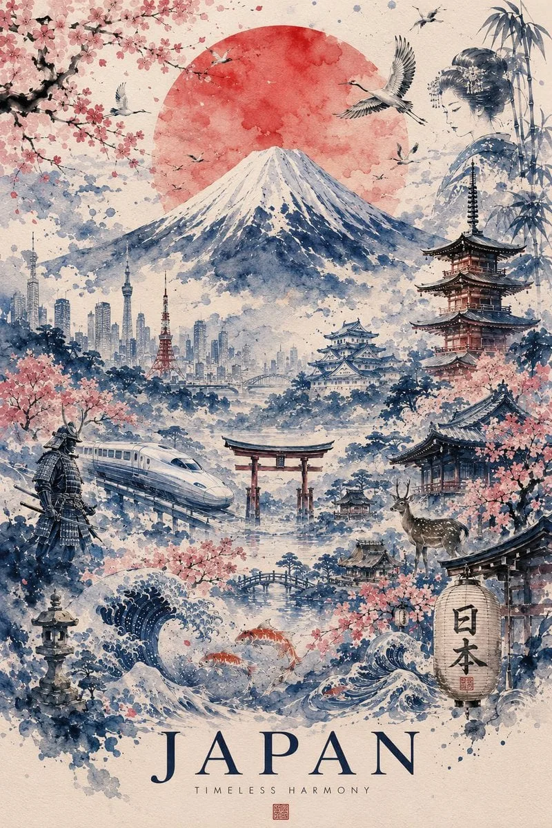 Ultra-detailed watercolor travel poster of Japan, painted...