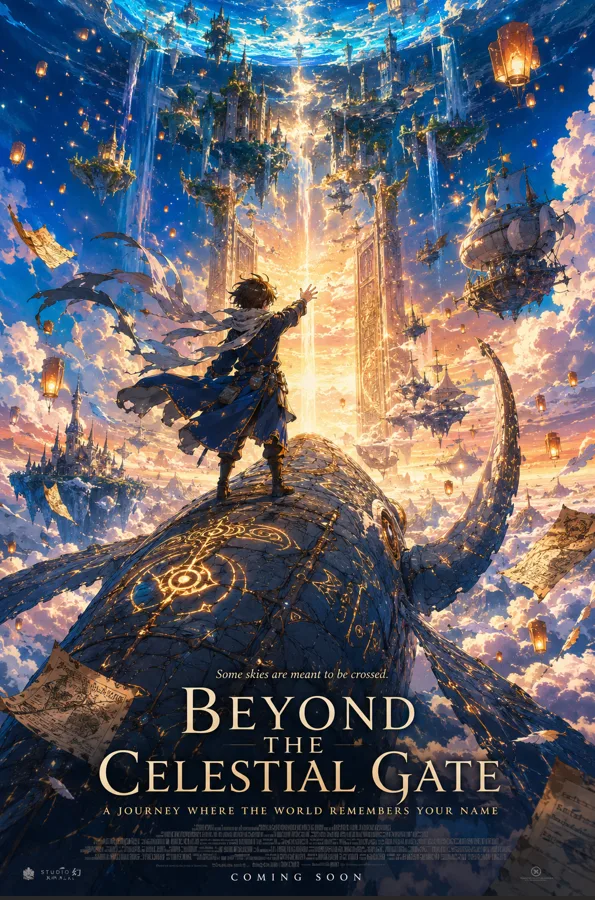A breathtaking anime fantasy movie poster in portrait for...