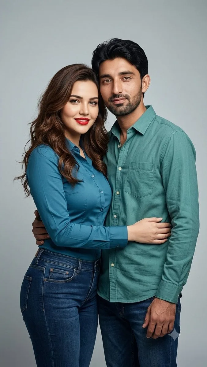 A stylish young couple posing together in a professional ...