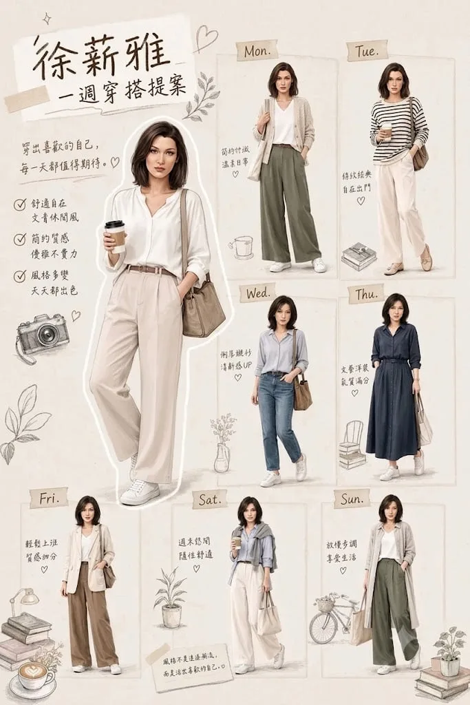 Create a stylish weekly outfit guide poster in a warm scr...