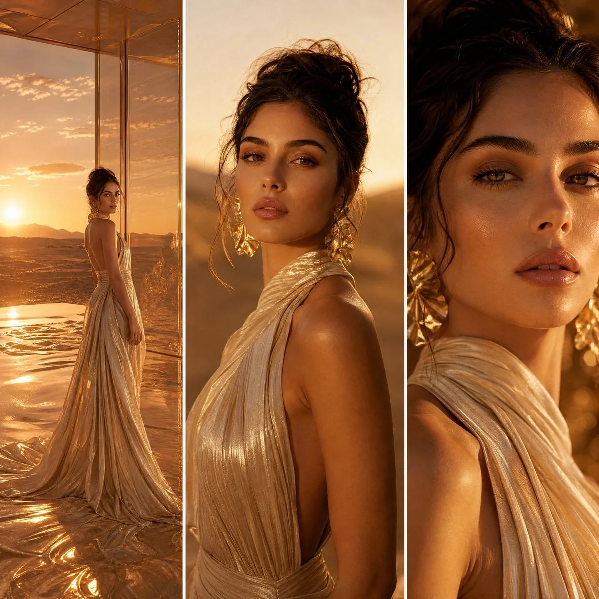 A three-panel high-fashion editorial spread set in a glow...