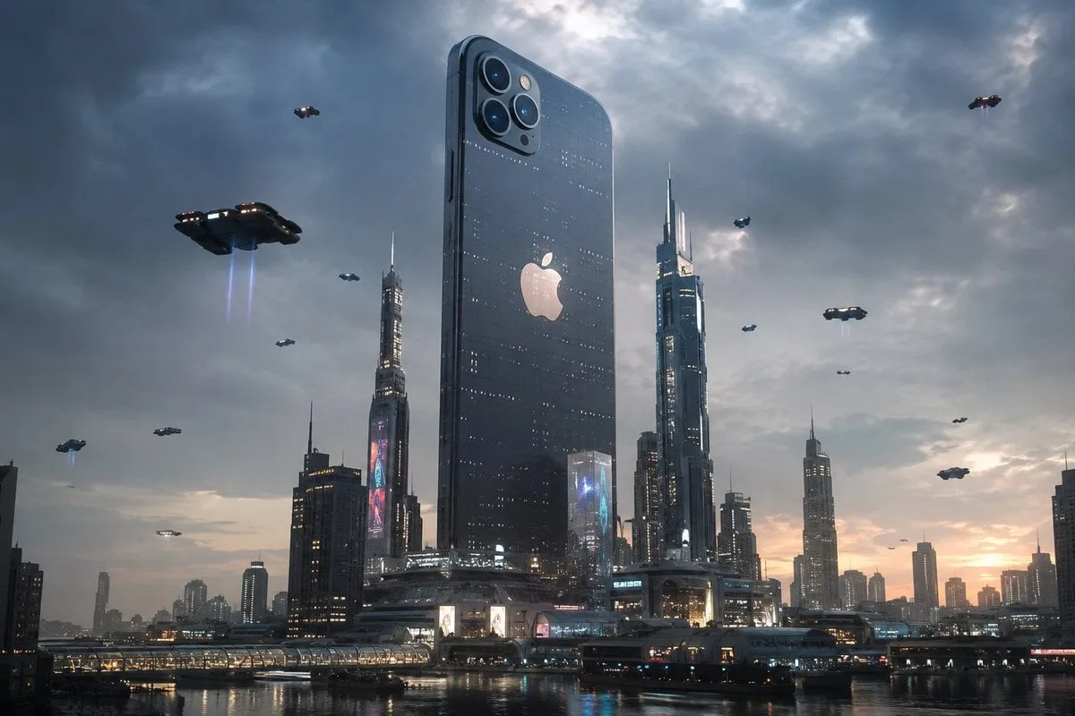 A futuristic city dominated by an enormous Apple iPhone s...