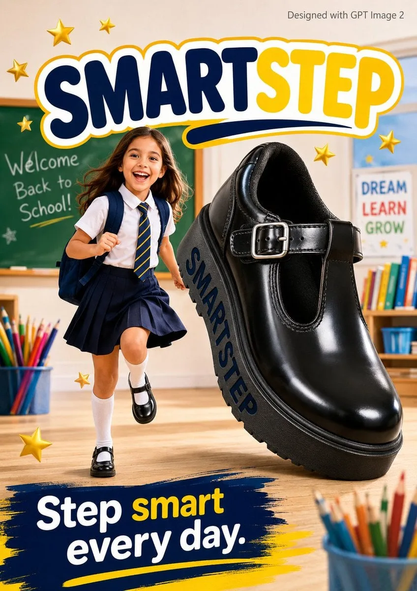 A bright back to school advertisement poster. An excited ...