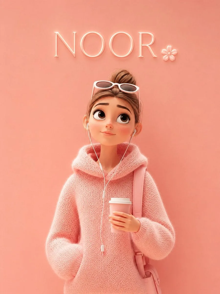 A cute Pixar-style 3D cartoon girl standing against a sof...