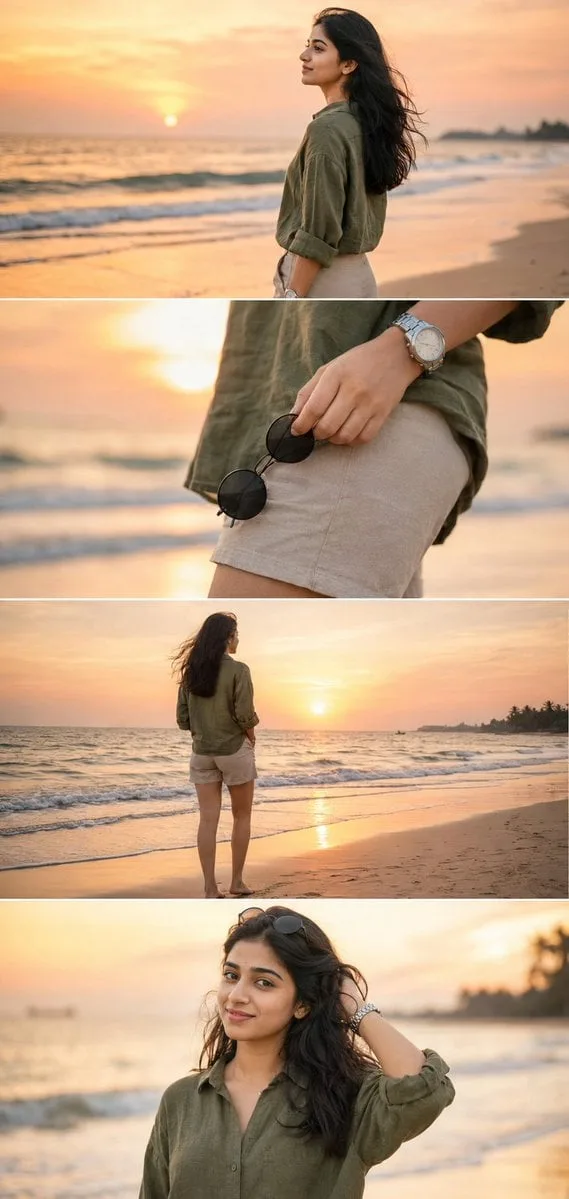 Ultra-realistic DSLR cinematic beach photoshoot collage f...