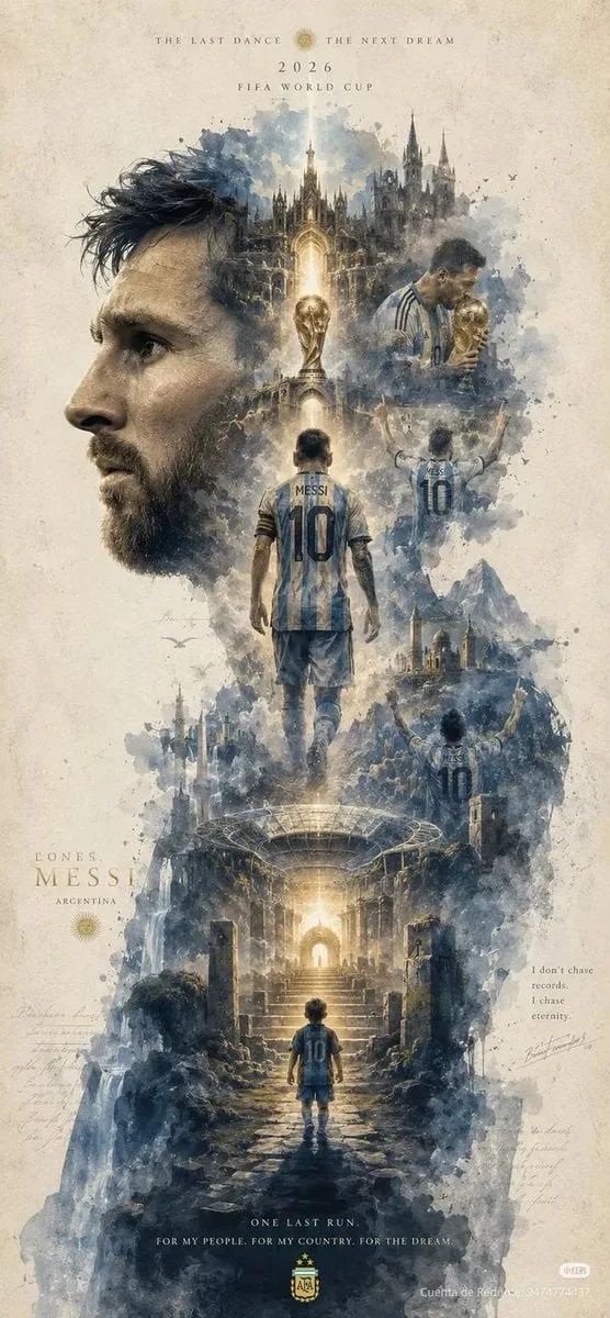 Epic cinematic watercolor poster of Lionel Messi, giant s...