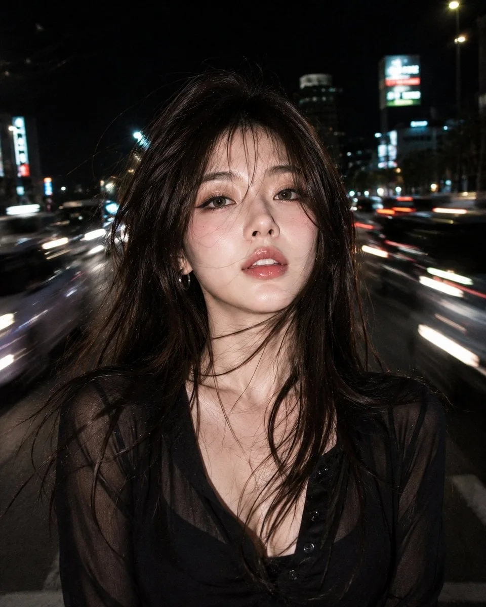 Ultra realistic RAW night flash portrait of a beautiful y...