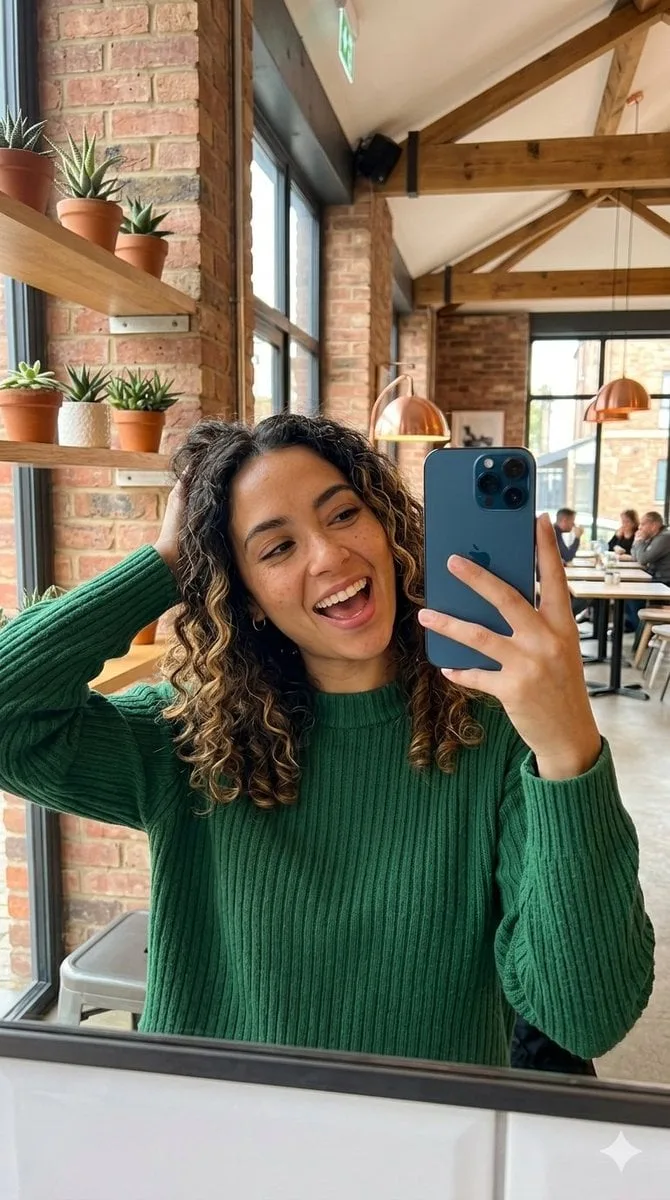 A vertical mirror selfie of a cheerful young woman with l...