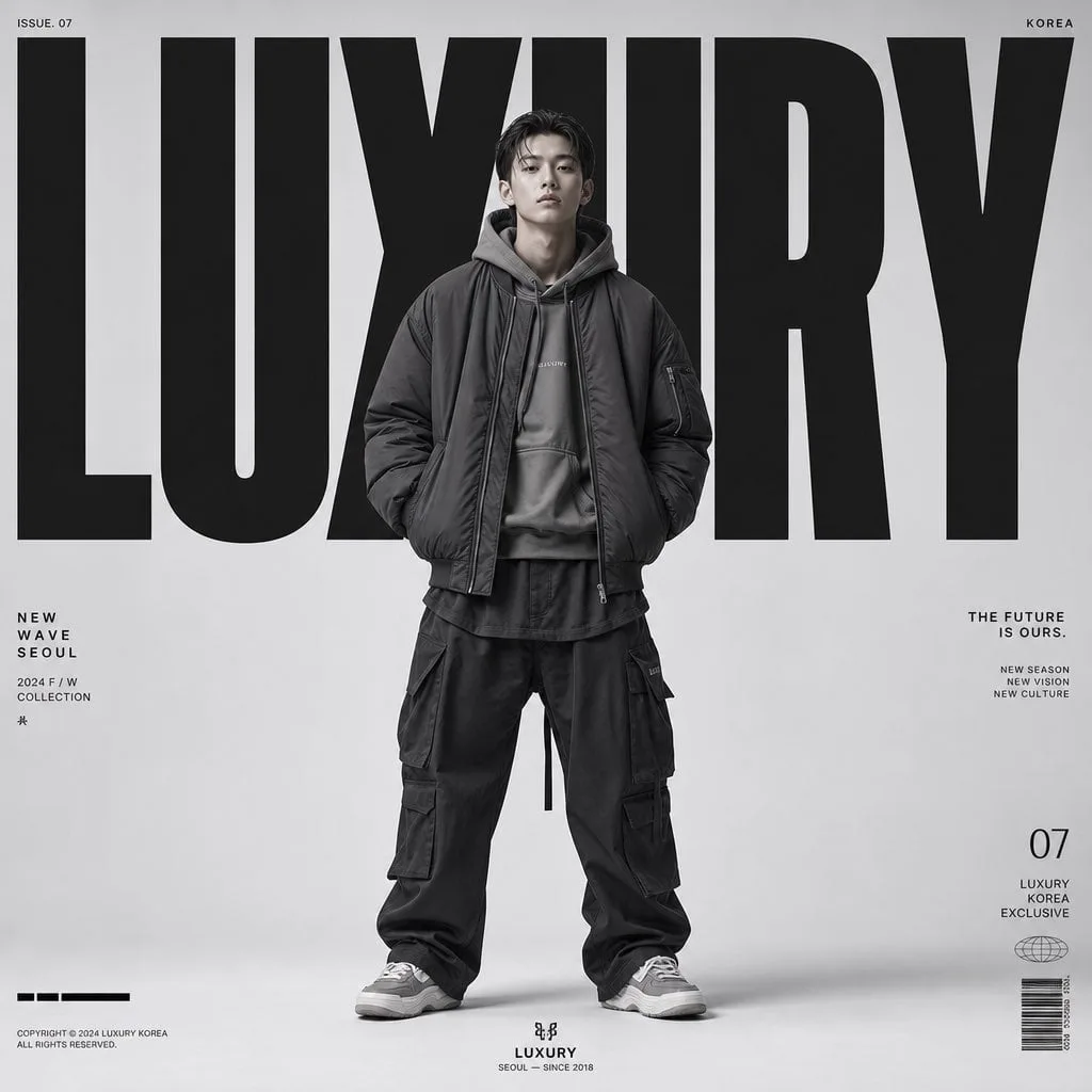 Create a premium high-fashion editorial poster for "LUXUR...