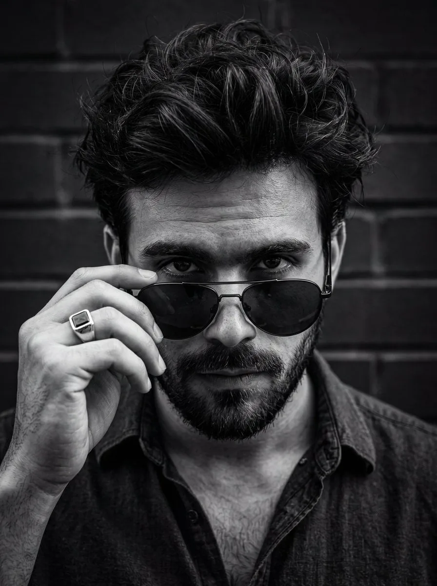 A close-up, high-contrast black and white portrait of a m...