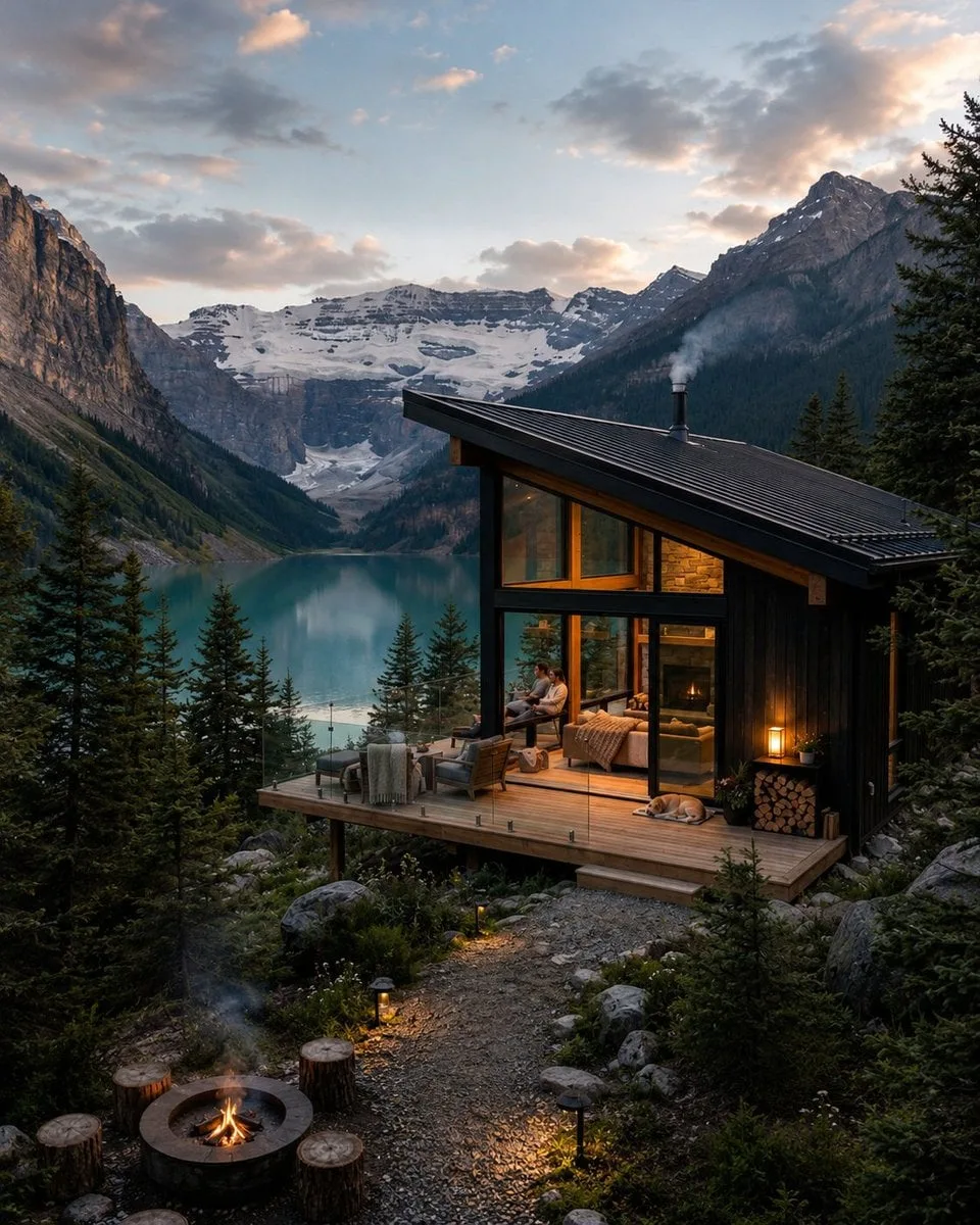 Ultra-realistic luxury mountain cabin overlooking a cryst...