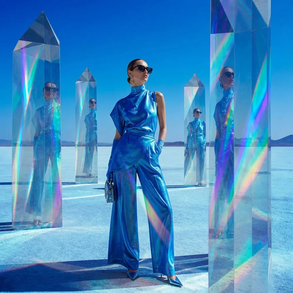 A world-class luxury fashion campaign set in a vast minim...