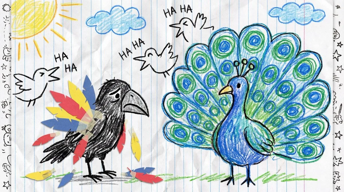 A child's crayon drawing on white lined notebook paper. [...