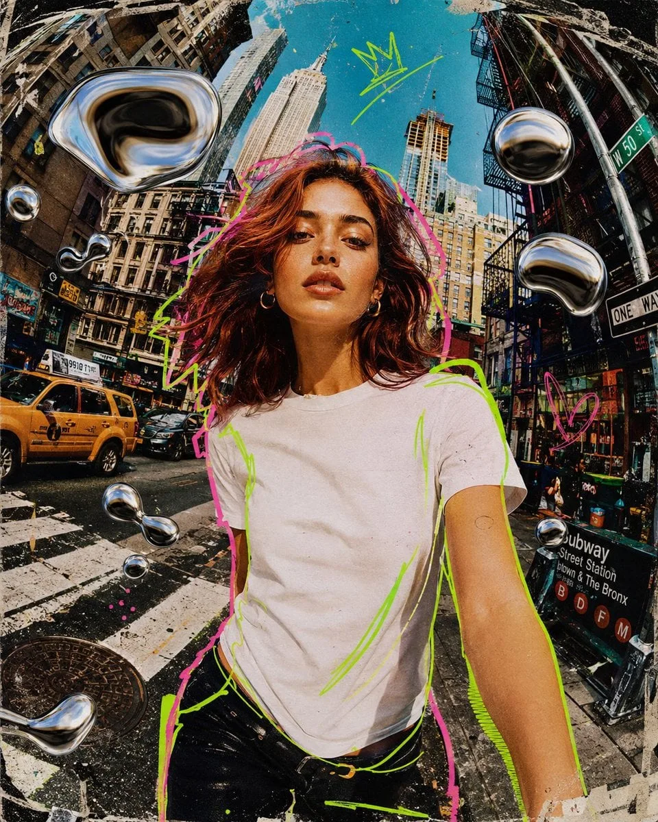 Mixed media collage animation style, a stylish young woma...