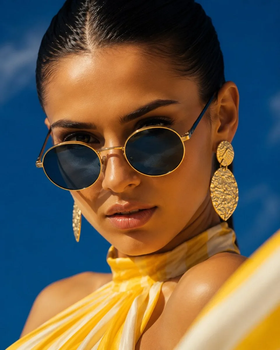 Wide dramatic fashion shot, woman in flowing yellow and w...