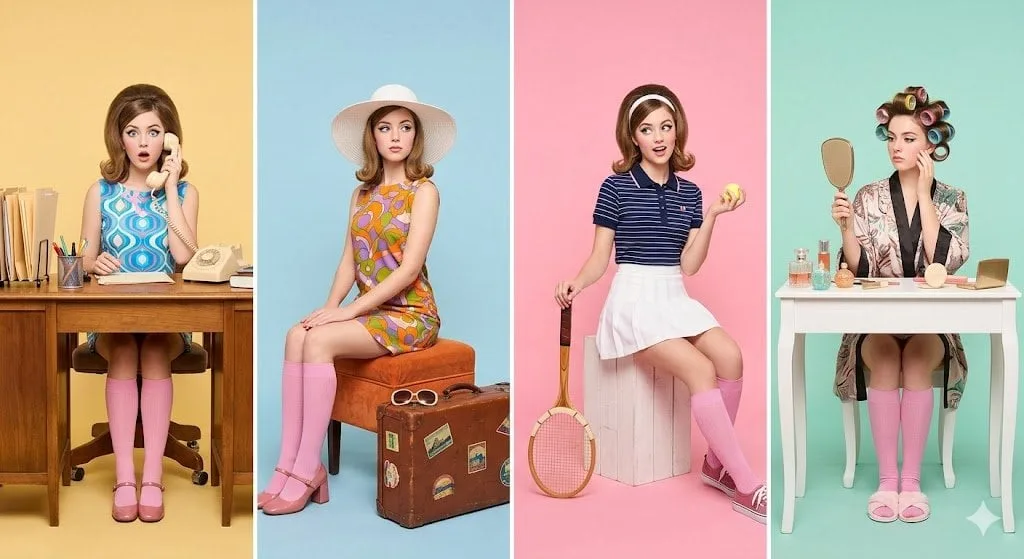 Retro studio photography featuring the same woman in four...