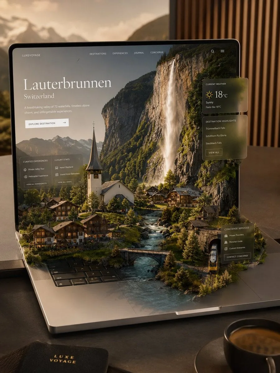Ultra-premium travel platform visualized as a miniature w...