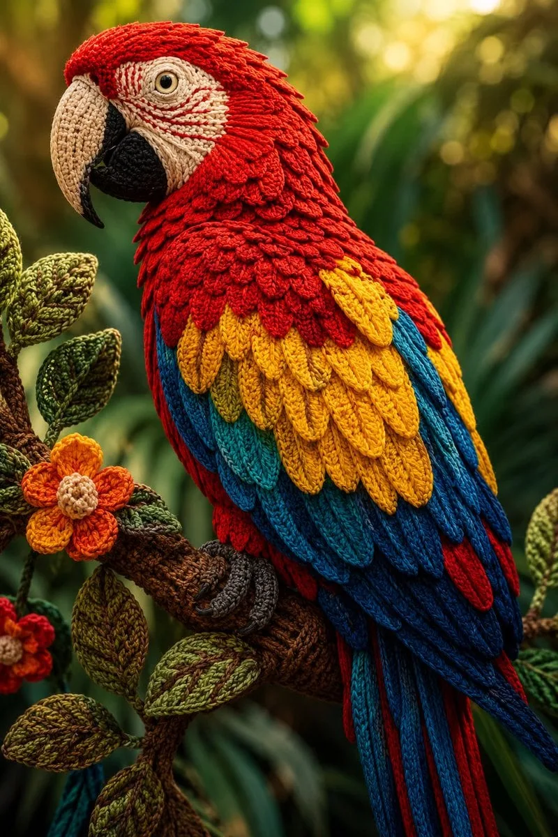 A magnificent Scarlet Macaw perched on a tropical branch,...