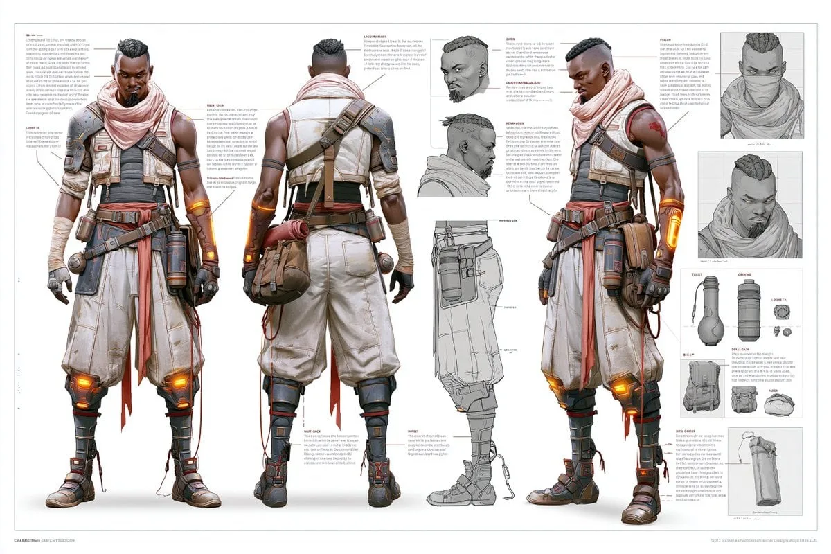 A character concept sheet of a [Character], featuring det...