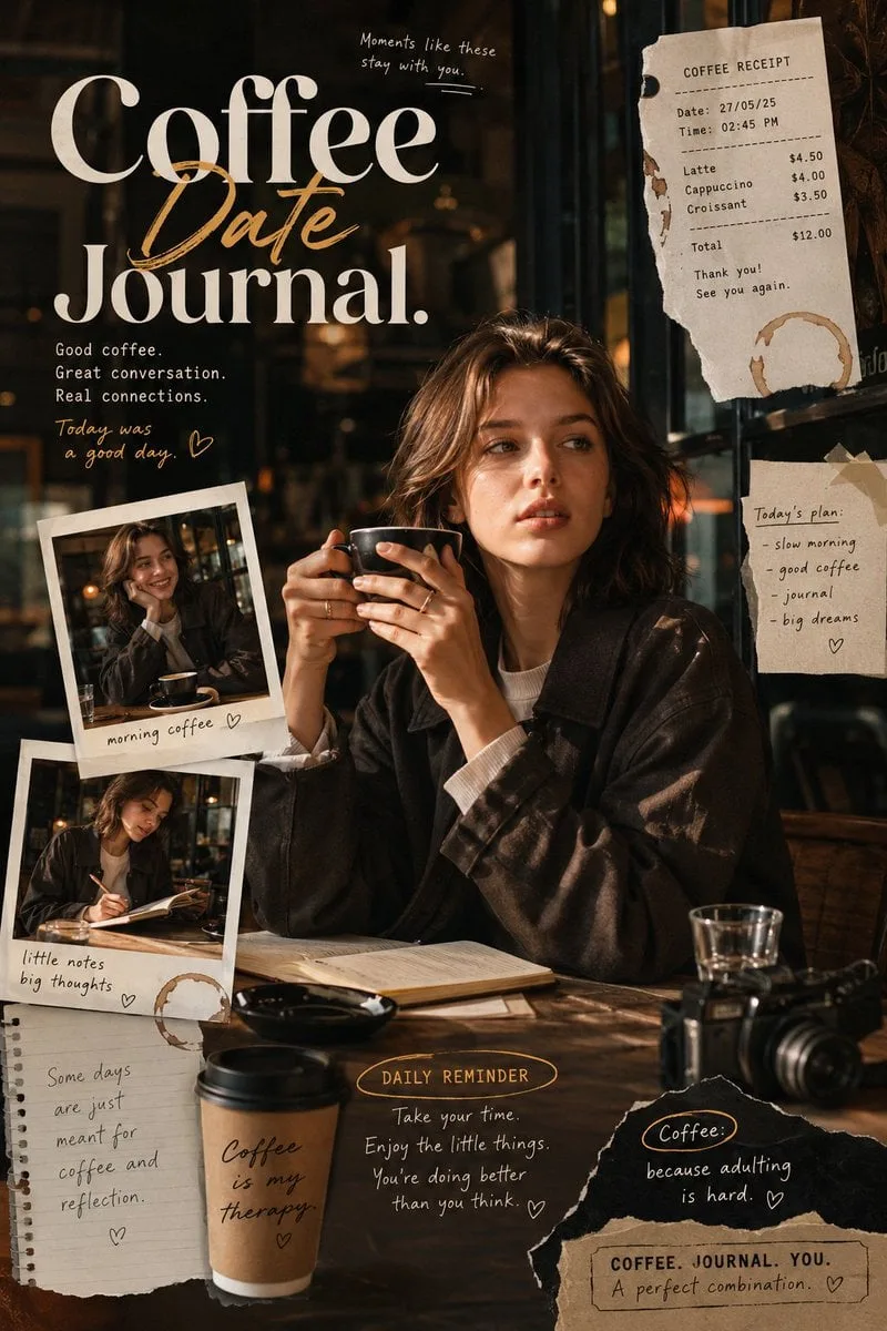 Coffee Date Journal-inspired editorial poster with a warm...
