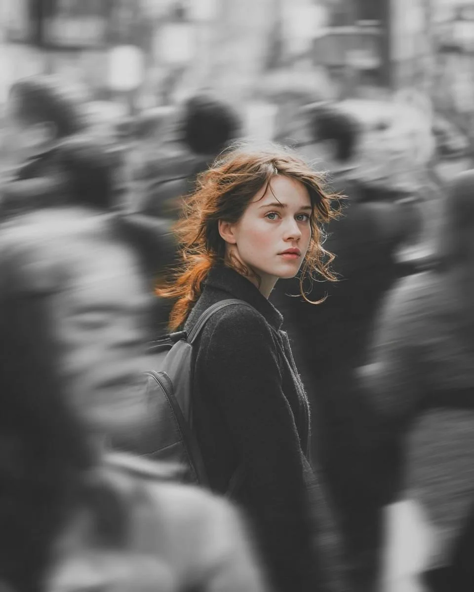 A cinematic street portrait of a young woman walking thro...