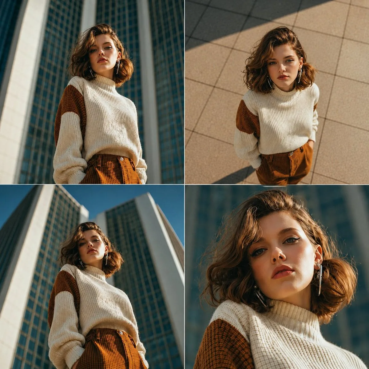 A low-angle, dramatic worm's-eye view shot of a stylish y...