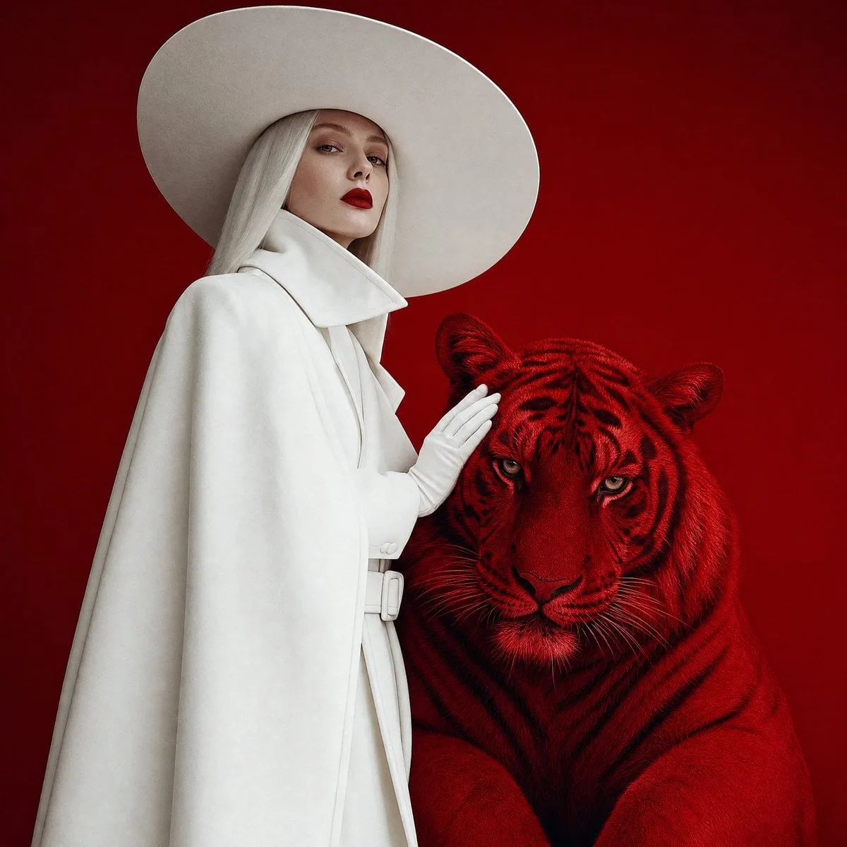Surreal fashion editorial portrait, woman in full white w...