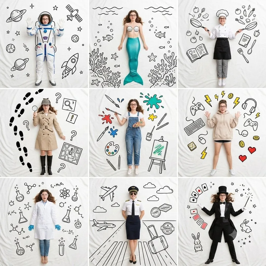 A professional 3×3 collage featuring the same beautiful y...