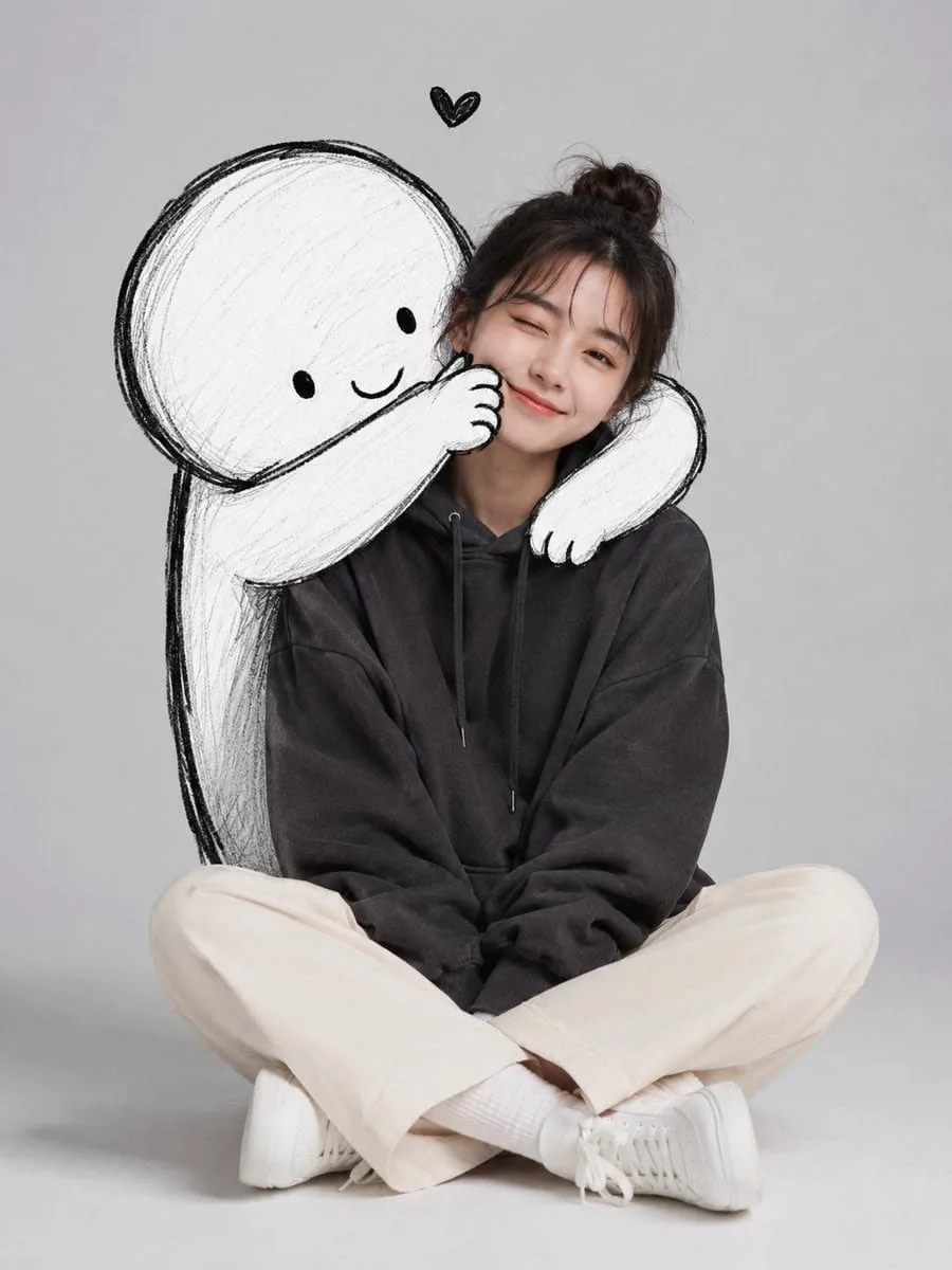 A cute minimalist portrait of a young woman sitting casua...