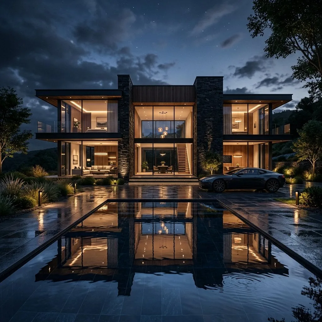 Prompt: Ultra realistic luxury mansion at night, black st...