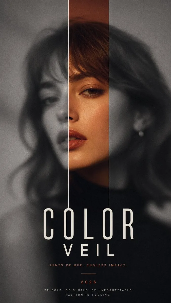 Create a 9:16 high-end color reveal editorial poster with...