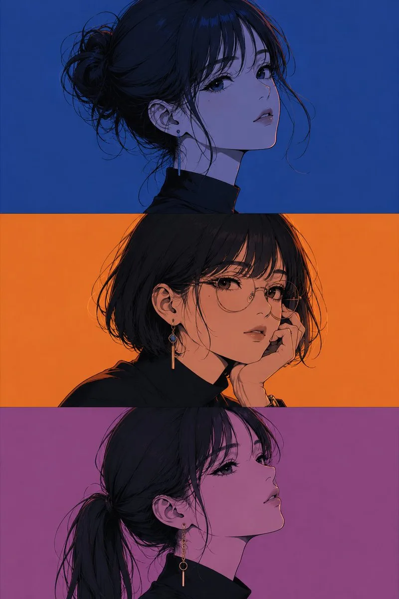 Three-panel anime/manga portrait of the same girl with an...