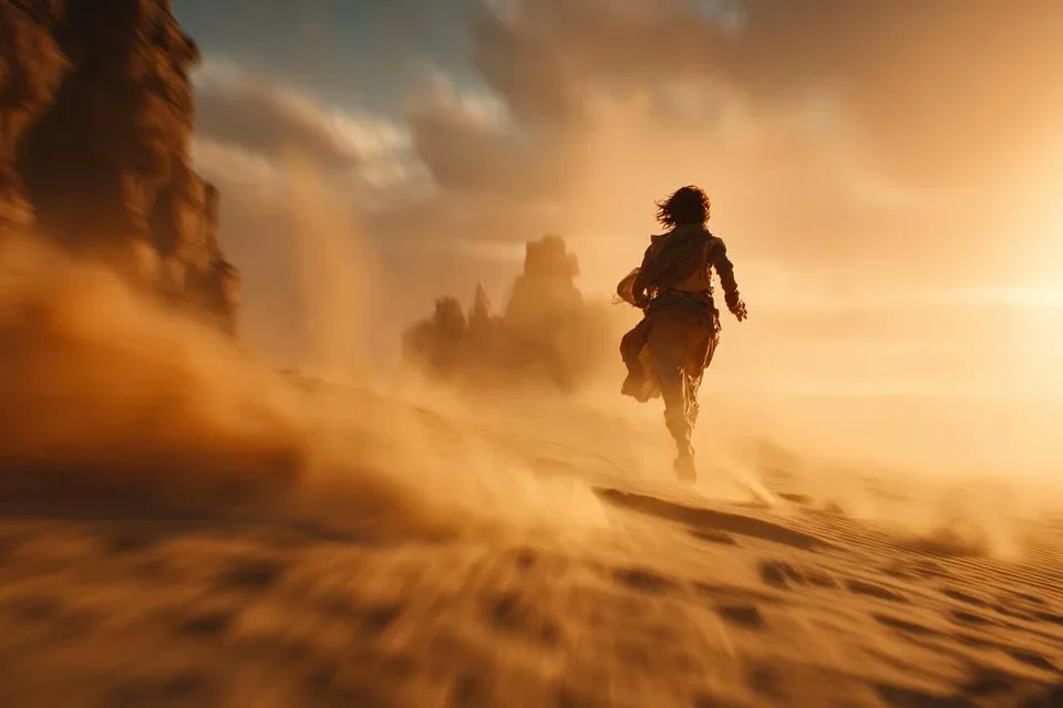 A cinematic tracking shot of a [Subject] sprinting throug...