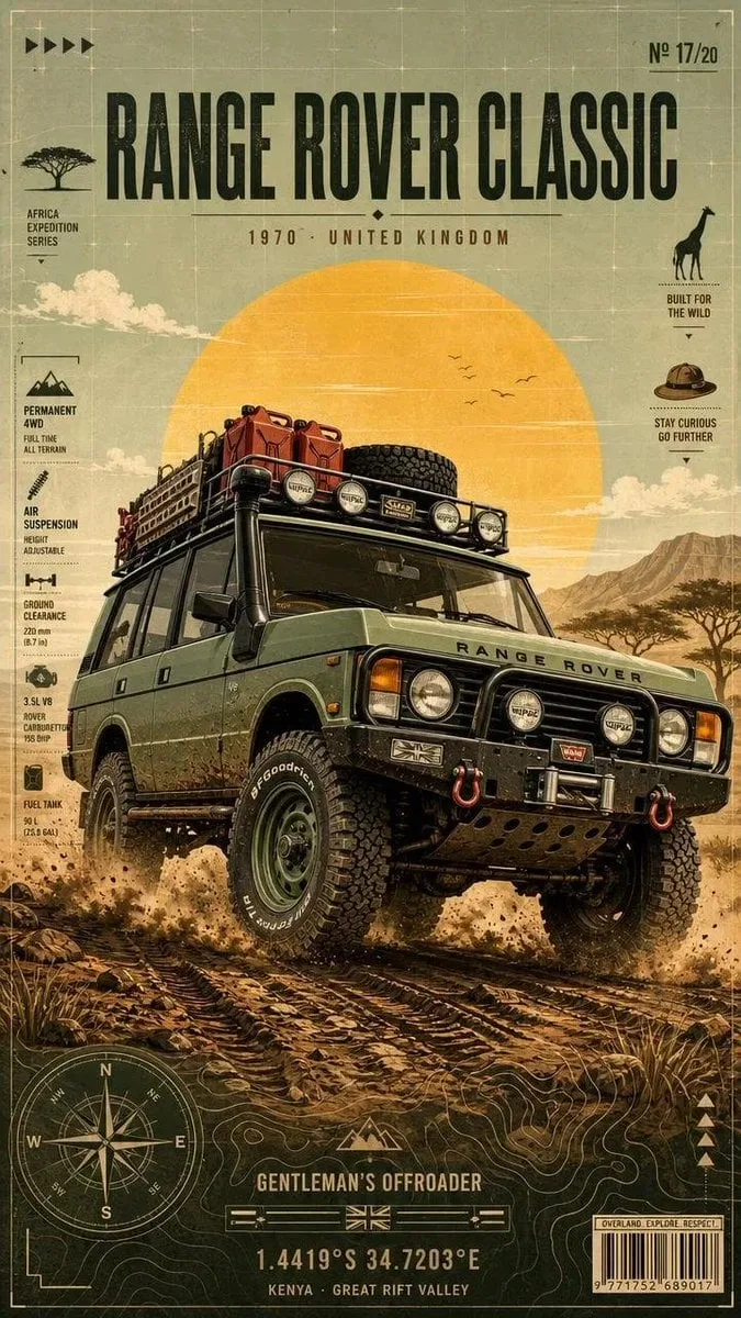 Ultra-detailed vintage overland expedition poster featuri...