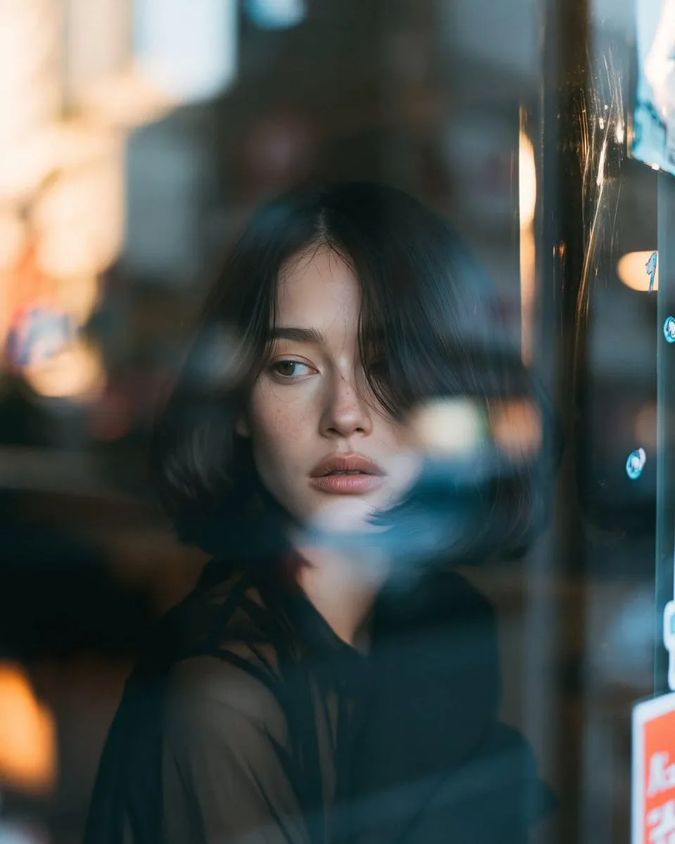 Ultra-cinematic close-up portrait of a young woman sittin...