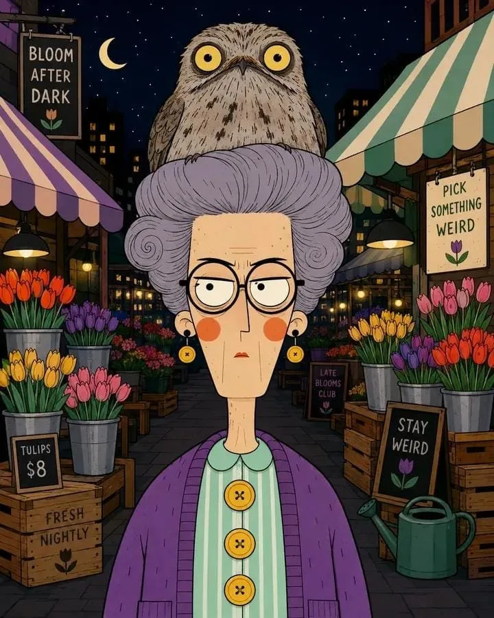 Vertical quirky flat cartoon portrait of [Human] with a t...