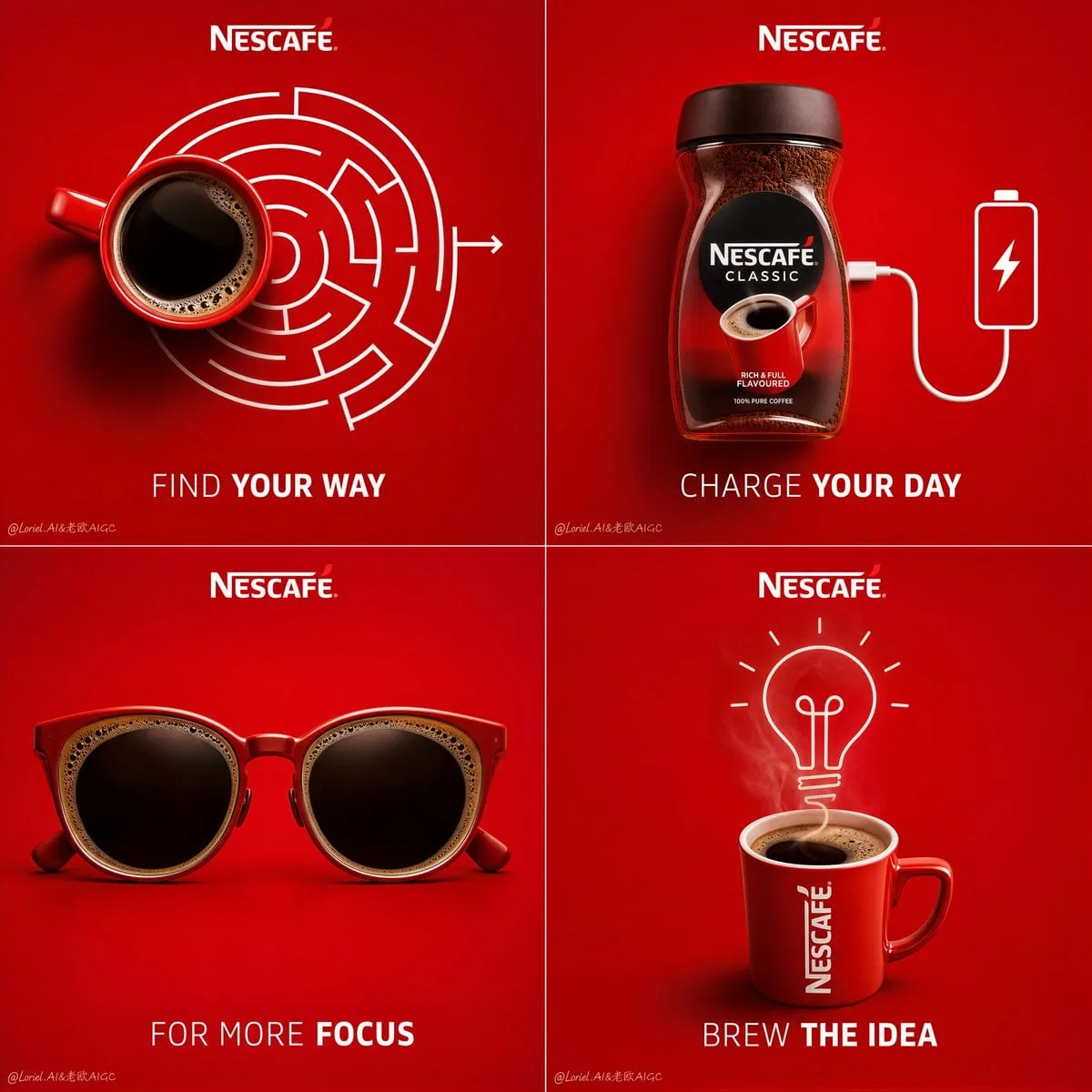 Create a premium 4-panel campaign poster for Nescafé, bui...