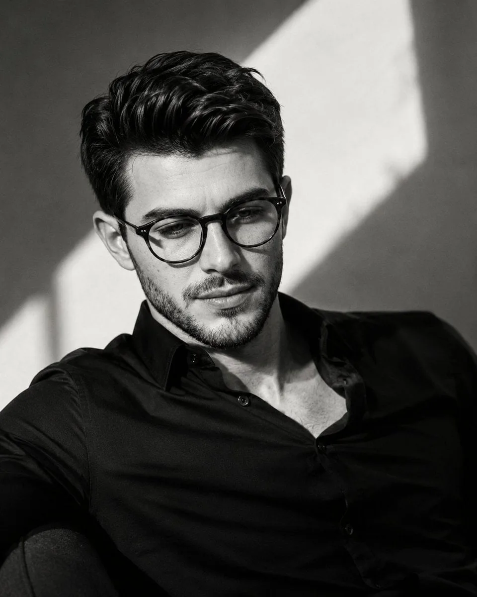 Ultra-realistic cinematic black-and-white editorial portr...