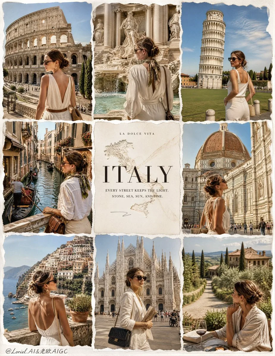 Create an ultra-premium 3x3 travel campaign board for ITA...